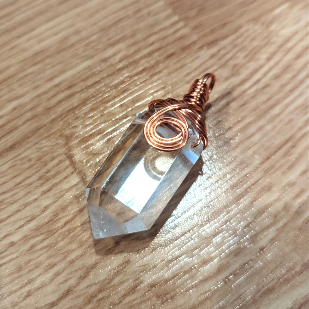 FINAL PRICE Copper Wrapped Clear Faceted Quartz Point Pendant